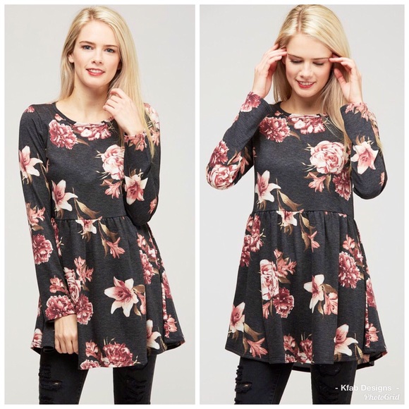 LAST 1! Buttery Soft Floral Ruffle Top in Charcoal - Picture 7 of 8